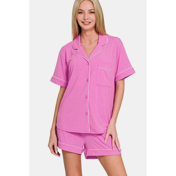 ZENANA Mauve Pink Button Down Short Sleeve Top and Shorts Pajamas Lounge Set - Picture 1 of 5